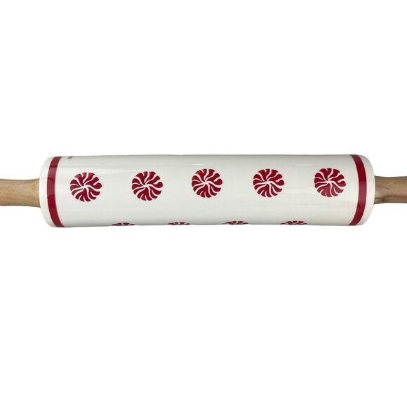 Williams Sonoma Peppermint Candy Rolling Pin Christmas Ceramic Wood Decor - Picture 6 of 8